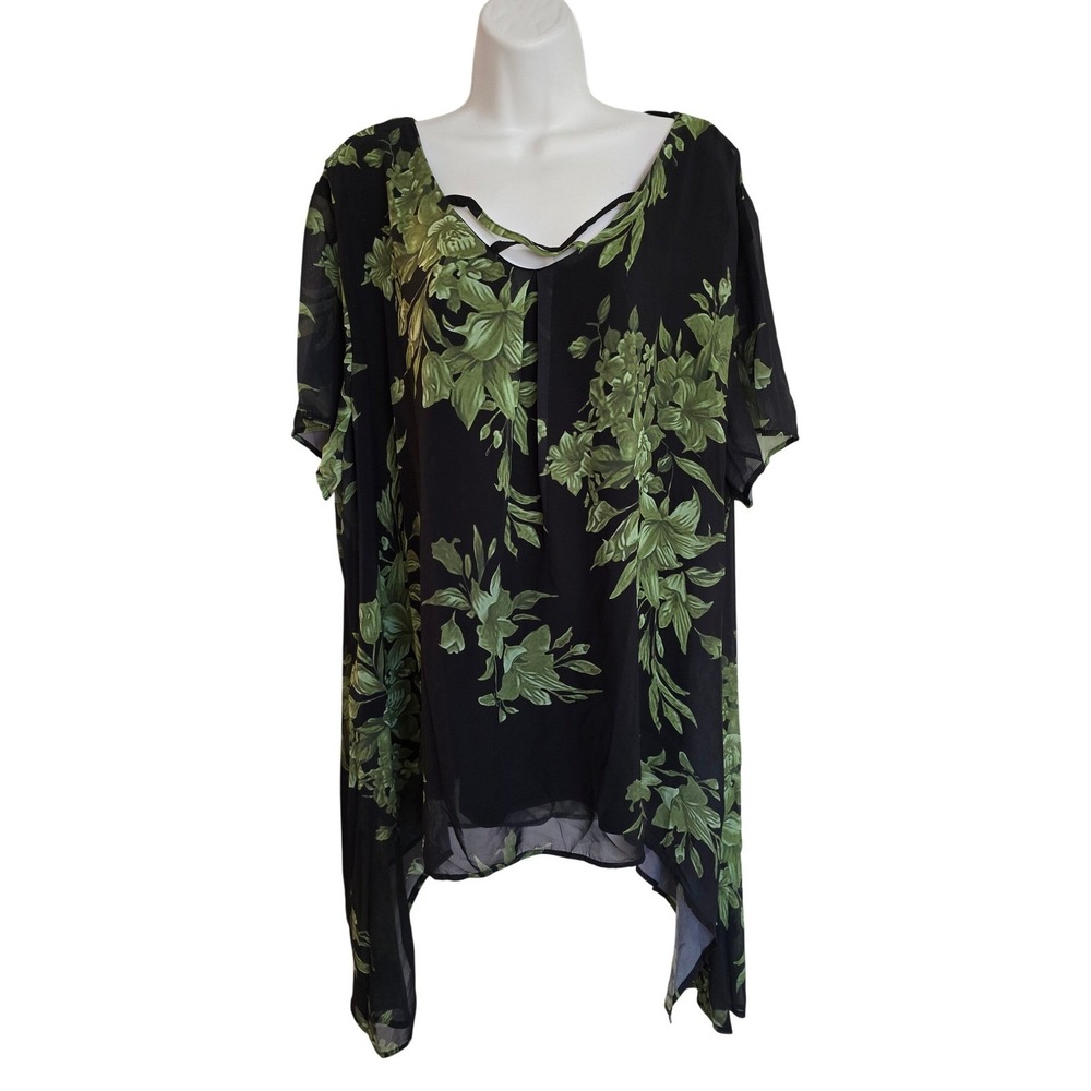 MISSLOOK Black Green Floral Butterfly Sleeve Tunic Top Plus Size 5XL /0492